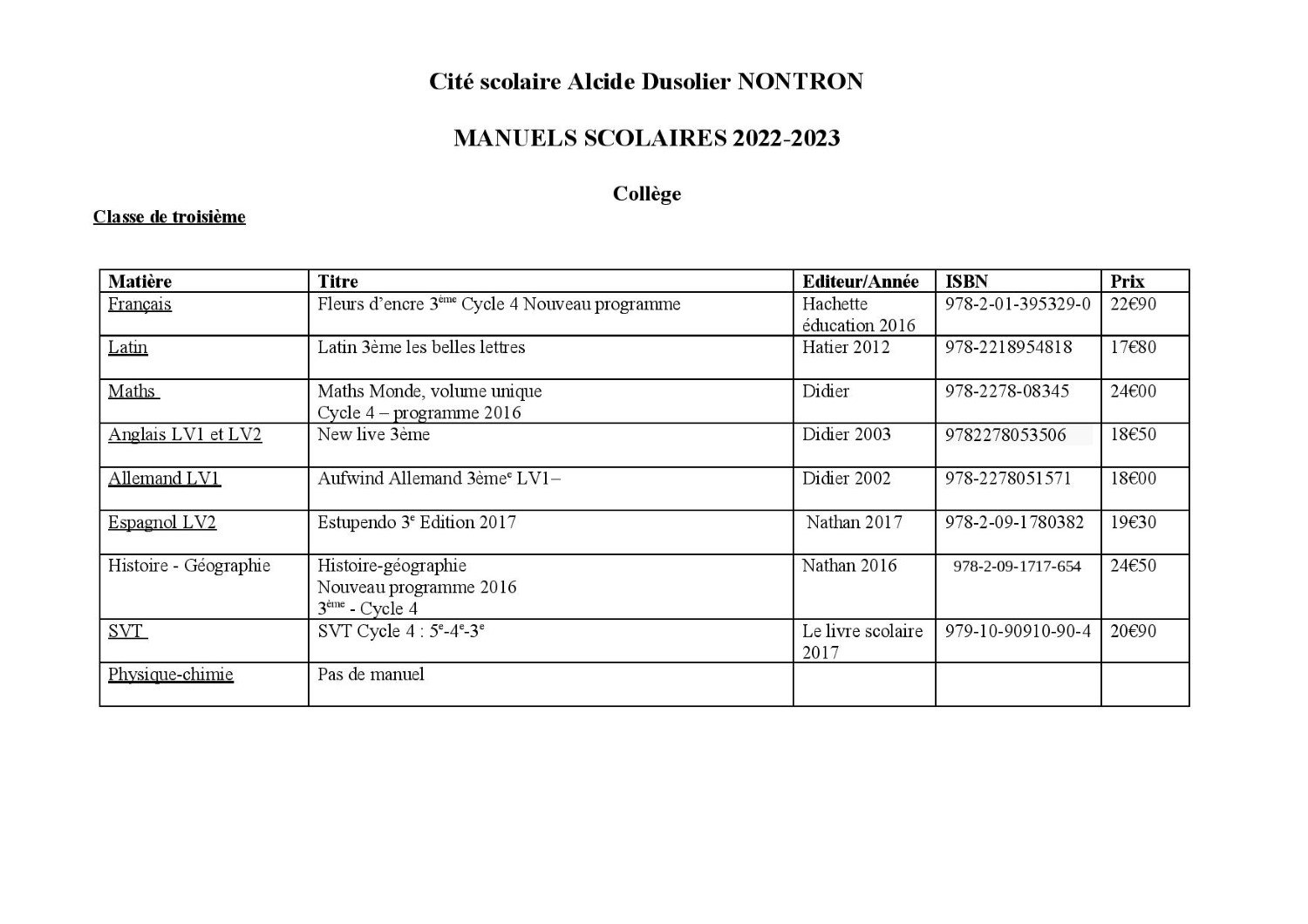 Liste Manuels 3ème